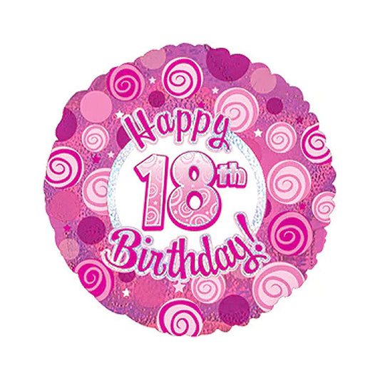 Foil Balloon 17" (42.5cm Dia) Happy 18th Bday Pink - Helium Filled