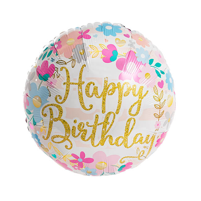 Foil Balloon 17" Happy Birthday Flowers - Helium Filled