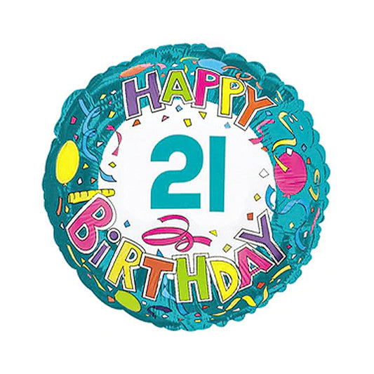 Foil Balloon 17" (42.5cm Dia) Happy 21st Birthday - Helium Filled